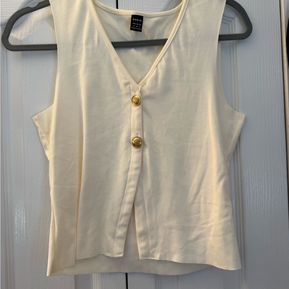 SHEIN Cream Sleeveless Blouse with Gold Buttons